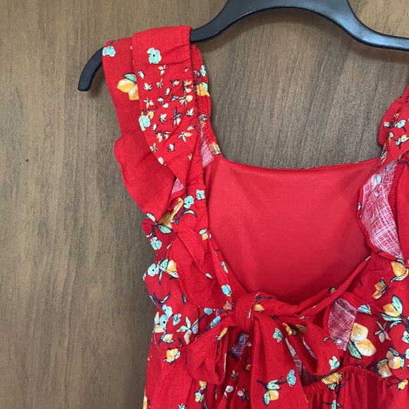 Relist7/18❌ LC LAUREN CONRAD red with lemon & floral print tie back dress - Picture 8 of 16